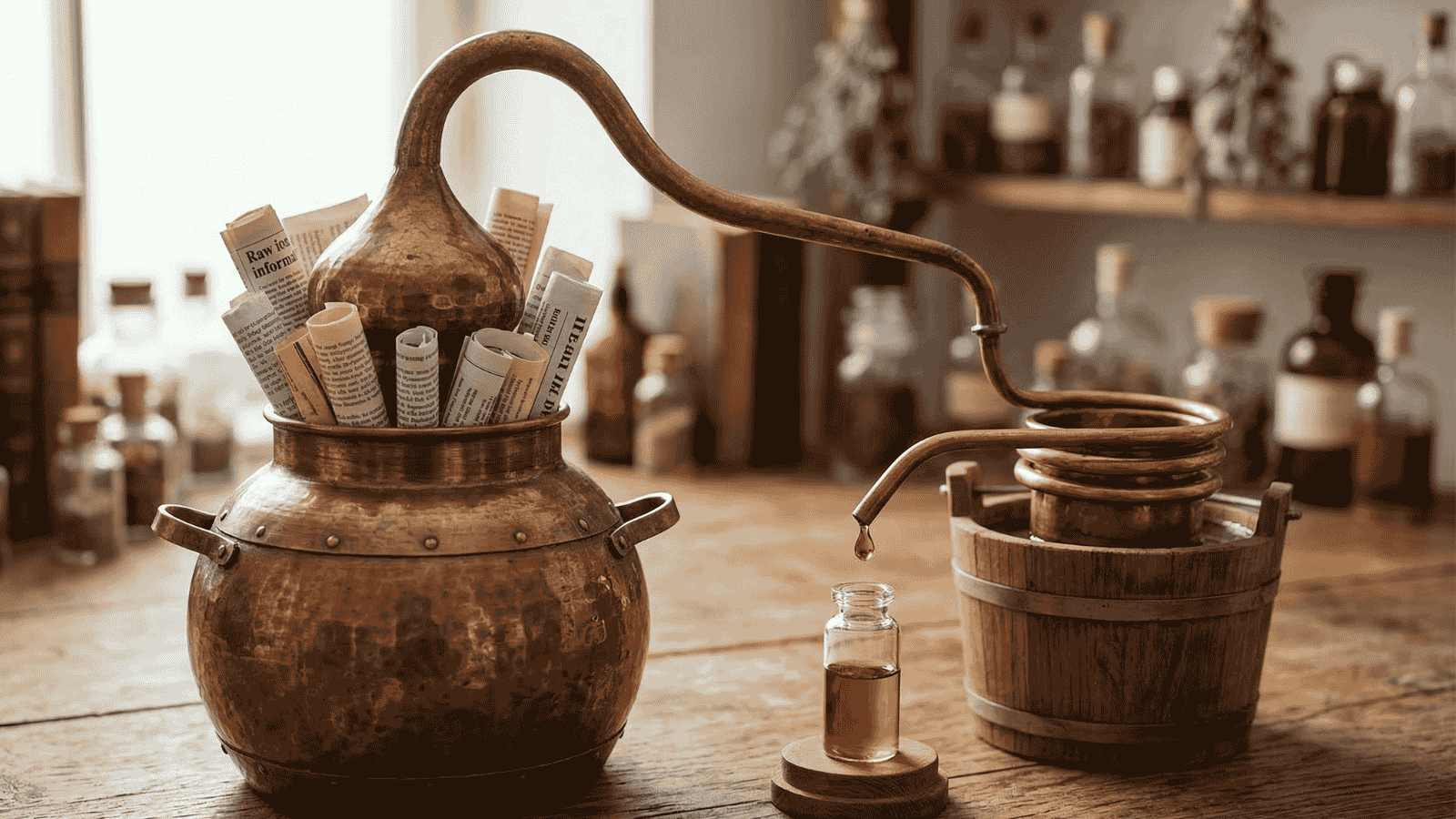 A copper distillation still filled with newspapers and reports, producing a single drop of refined essence — representing how BriefPal distills information overload into clear briefs
