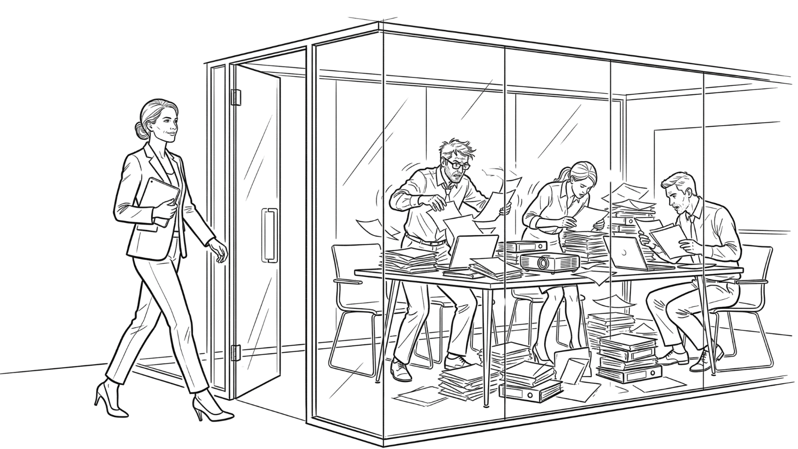 A confident professional walking into a glass-walled meeting room, fully prepared — representing the calm command BriefPal enables