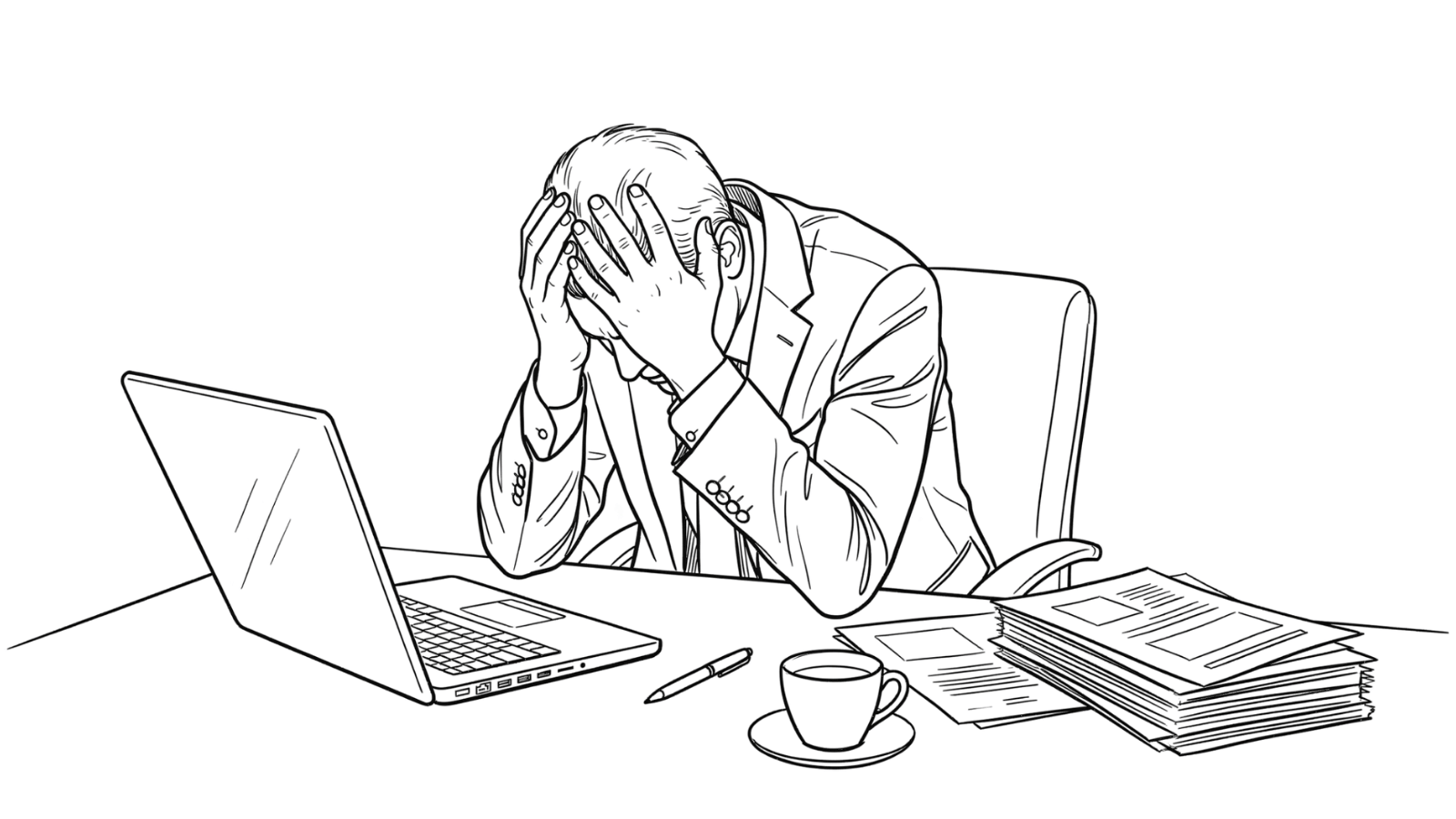 A frustrated professional overwhelmed at their desk, surrounded by a laptop, papers, and a coffee cup
